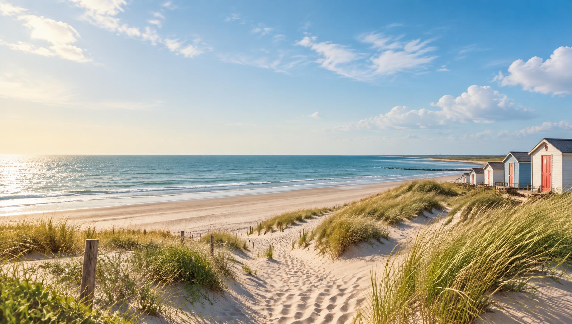 Sonnige Dünen und Strandhäuschen an der Küste Zeelands